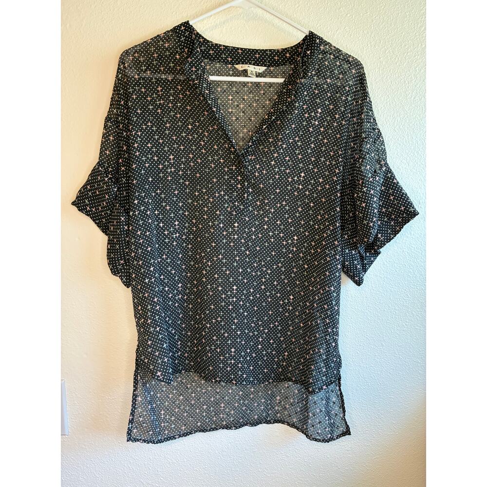 CABI | #239 Swiss Dot Sheer Popover Blouse Black & Pink Office/Work Top | Small